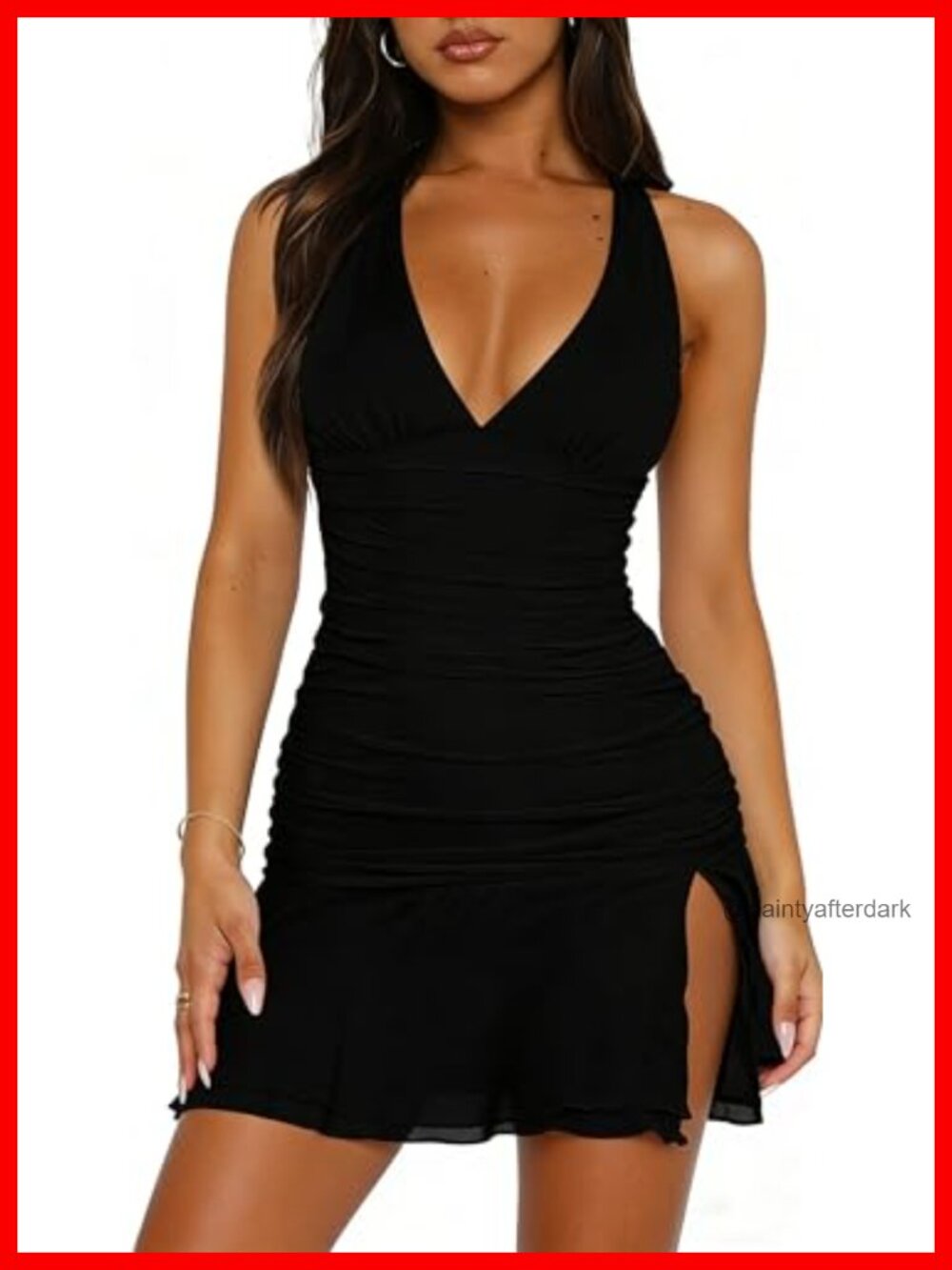 Halter Deep V Neck Bodycon Mini Dress Ruched Backless Side Slit Sleeveless Club